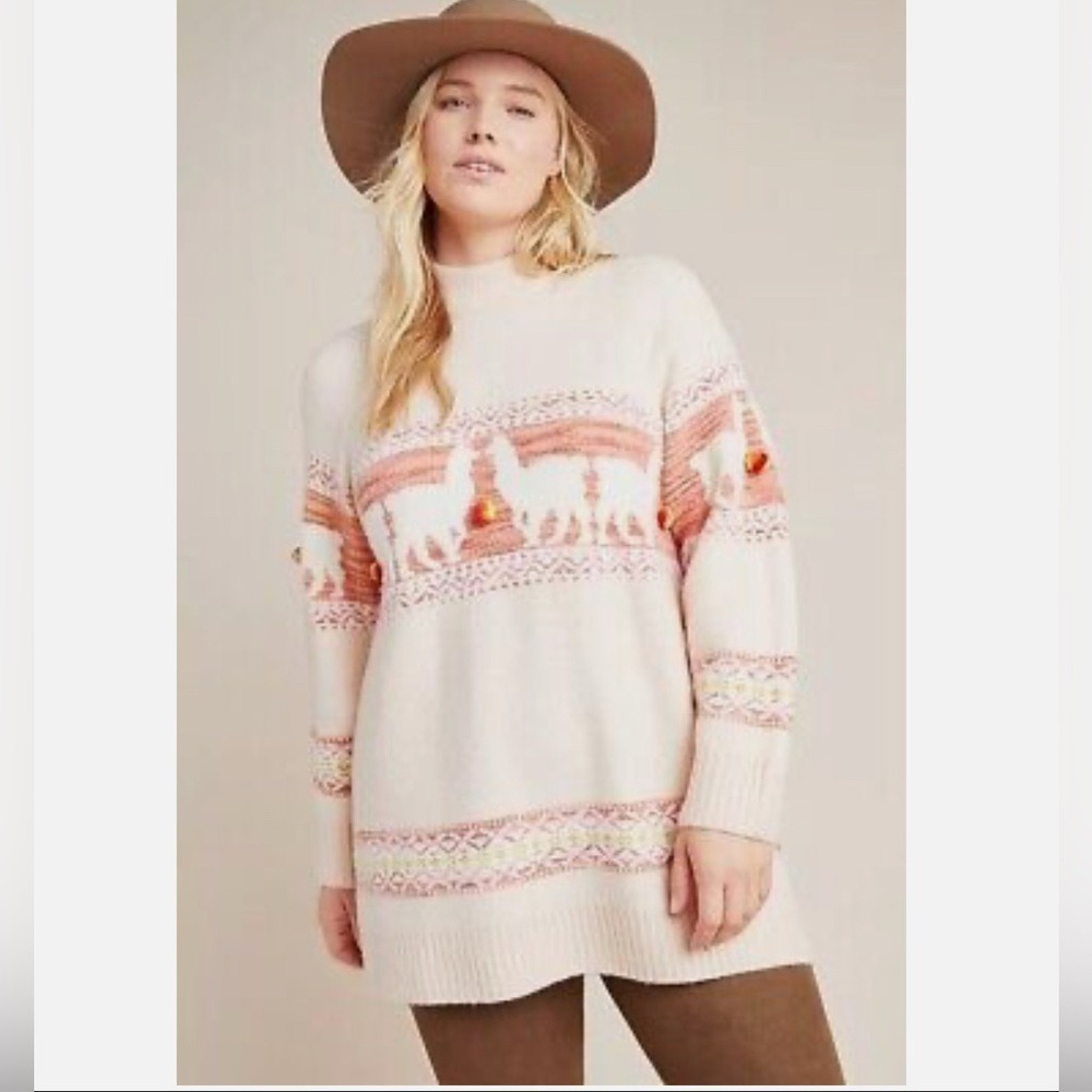 Anthropologie Cream Alpaca Wool Blend Mock Neck Llama Fair Isle Sweater